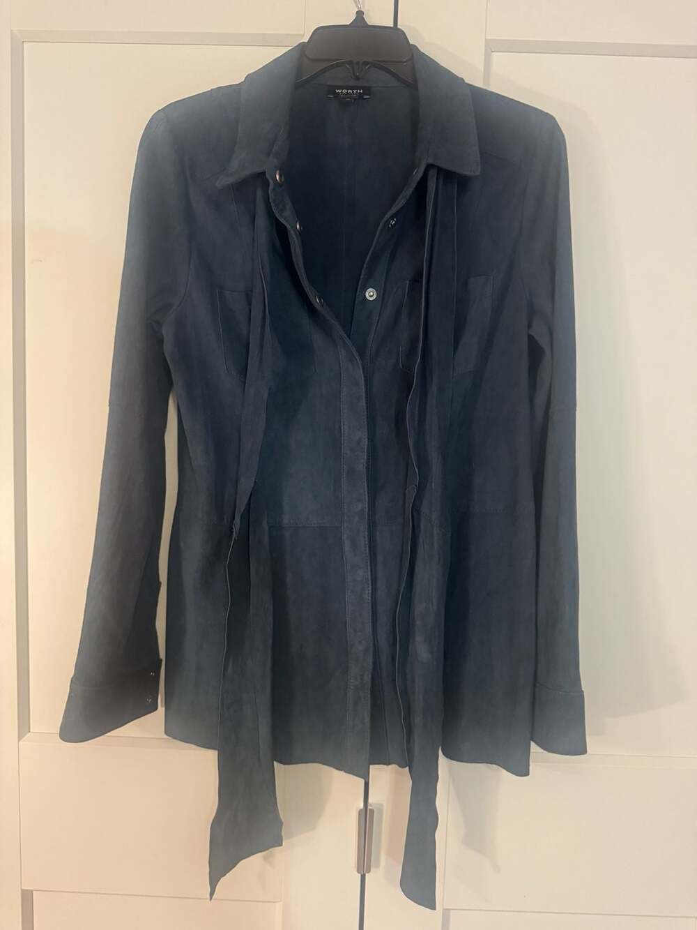 Worth New York Blue Green Butter Suede Snap-Front Long Sleeve Shirt